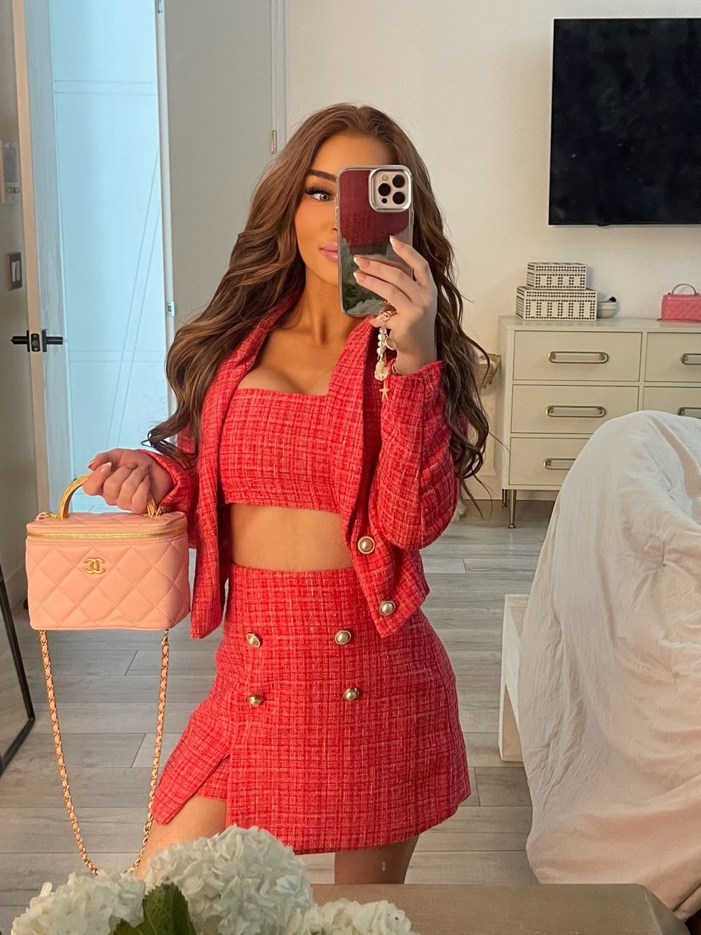 🪞🎀NWOT Three-Piece Pink Tweed Jacket, Skirt & Crop Top Set XS/Never Worn!🎀🪞
